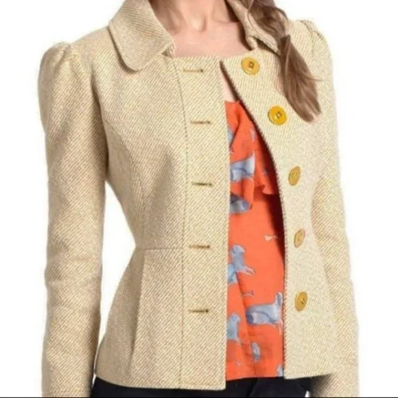 Tabitha Anthropologie Yellow & White Tweed Blazer.  SZ 2 - Picture 2 of 4